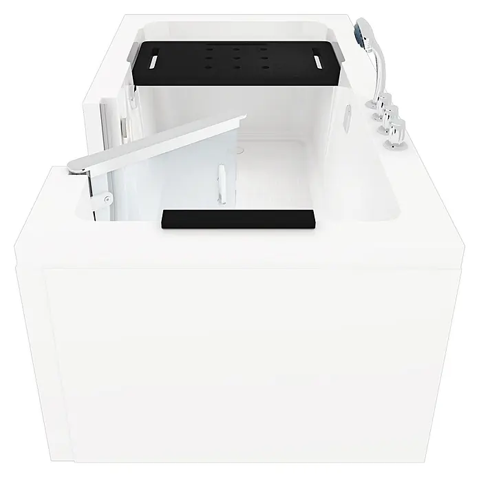 AcquaVapore Badewanne Fertigdusche S15-TH-R -  - Weiße begehbare Badewanne mit Seitentür, schwarzer rutschfester Sitzfläche und Matte, sowie Chromarmaturen.