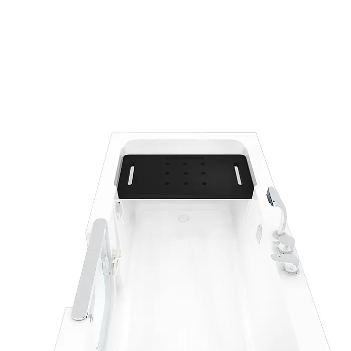 AcquaVapore Badewanne Fertigdusche S15-EH-R -  - Weiße barrierefreie Badewanne mit schwarzem Badesitz und Chromarmaturen für einfaches Baden.