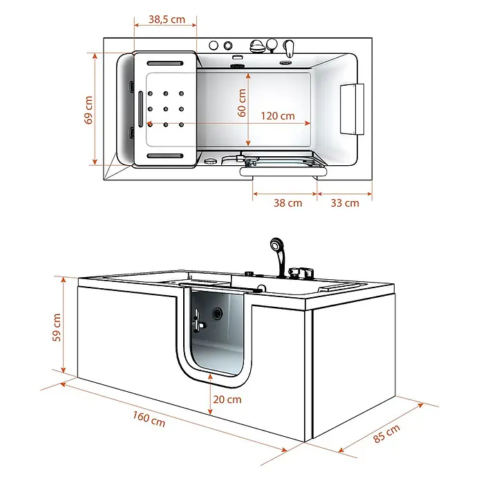 AcquaVapore Badewanne Fertigdusche S15-EH-R -  - Weiße begehbare Badewanne mit integriertem Sitz und Seitentür, Ansichten mit Maßen.