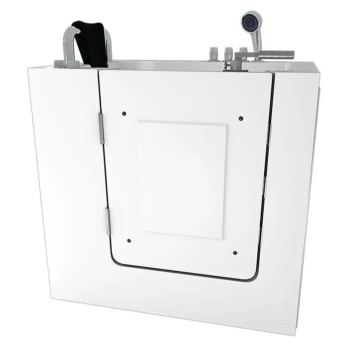 AcquaVapore Badewanne Fertigdusche S02-TH-B-L - 100 x 78 cm, Acryl, Weiß - Weiße barrierefreie Badewanne mit Vordertür, integriertem Wasserhahn und Handbrause mit Chromakzenten.