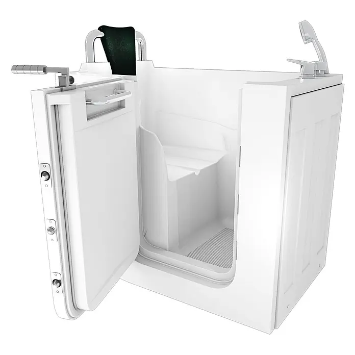 AcquaVapore Badewanne Fertigdusche S08-A-L - 68 x 110 cm, Acryl, Weiß - Weiße begehbare Badewanne mit offener Tür, integriertem Sitz, Handbrause und dunkelgrüner Kopfstütze, für barrierefreies Baden.