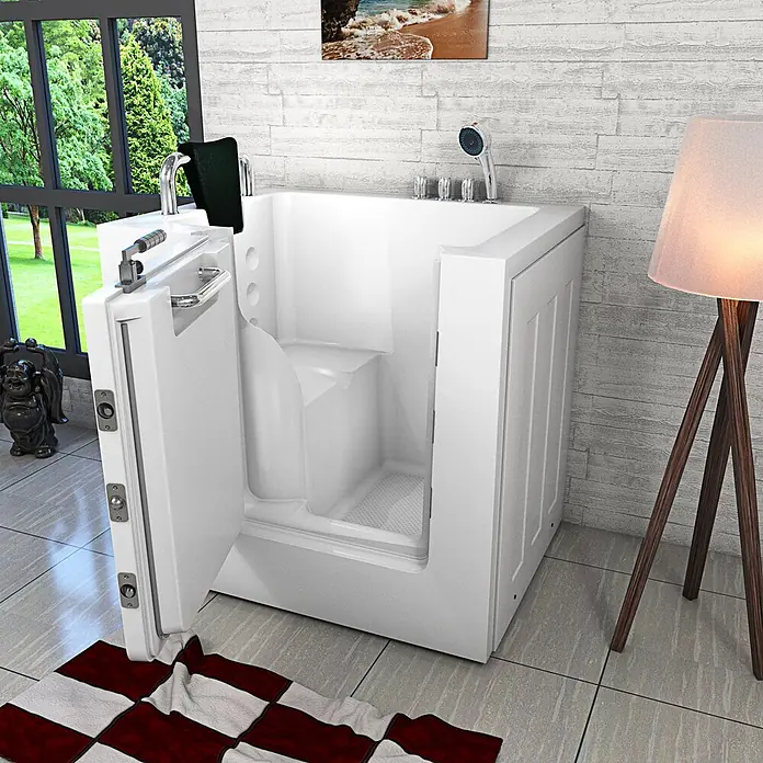AcquaVapore Badewanne Fertigdusche S02-TH-B-L - 100 x 78 cm, Acryl, Weiß - Weiße barrierefreie Badewanne mit offener Tür, integriertem Sitz und Handbrause, in einem modernen Badezimmer.