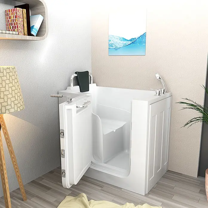 AcquaVapore Badewanne Fertigdusche S08-A-L - 68 x 110 cm, Acryl, Weiß - Weiße begehbare Badewanne mit offener Tür und eingebautem Sitz, für einfachen Zugang.