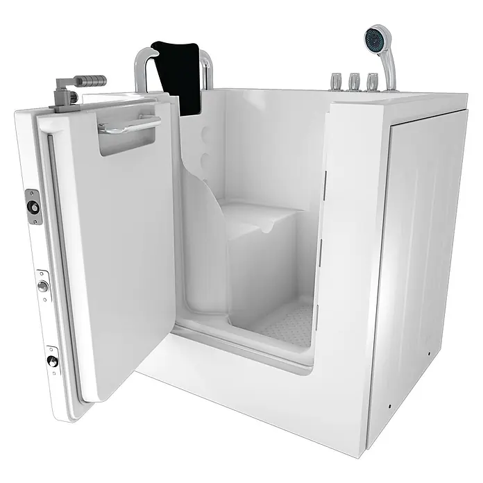AcquaVapore Badewanne Fertigdusche S02-TH-A-L - 78 x 100 cm, Acryl, Weiß - Weiße barrierefreie Badewanne mit offener Tür, integriertem Sitz und Handbrause.