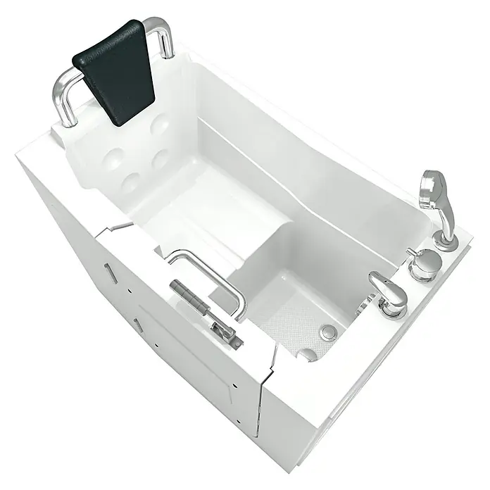 AcquaVapore Badewanne Fertigdusche S08-A-L - 68 x 110 cm, Acryl, Weiß - Weiße Badewanne mit Einstiegstür, schwarzer Kopfstütze, Chromgriffen, integriertem Sitz und Handbrause für barrierefreies Baden.