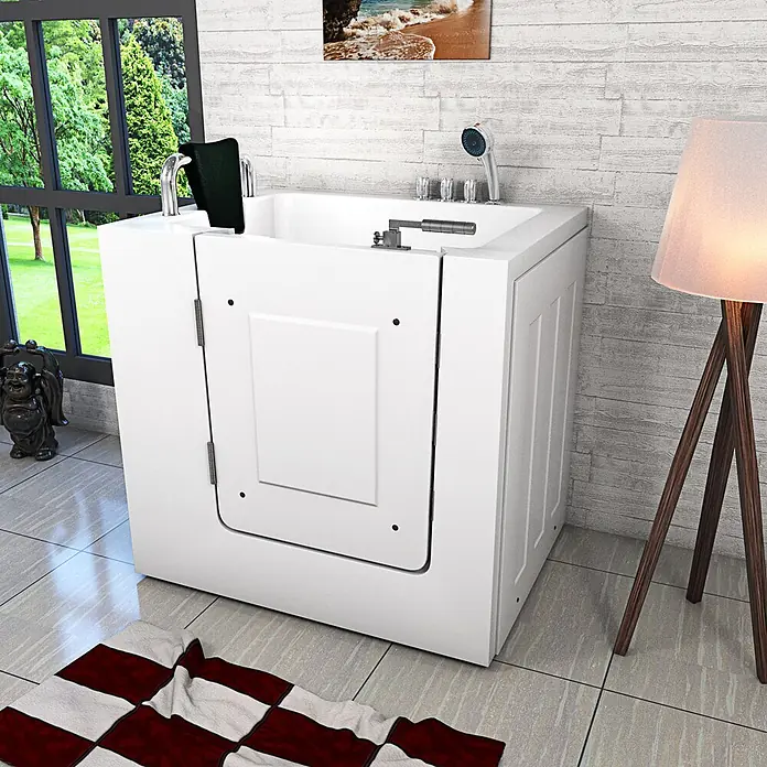 AcquaVapore Badewanne Fertigdusche S02-TH-B-L - 100 x 78 cm, Acryl, Weiß - Weiße barrierefreie Badewanne mit Tür, für einfachen Zugang in einem hellen Badezimmer.