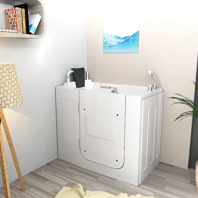 AcquaVapore Badewanne Fertigdusche S08-A-L - 68 x 110 cm, Acryl, Weiß - Weiße barrierefreie Badewanne in einer Bäderecke, für einfachen Zugang konzipiert.