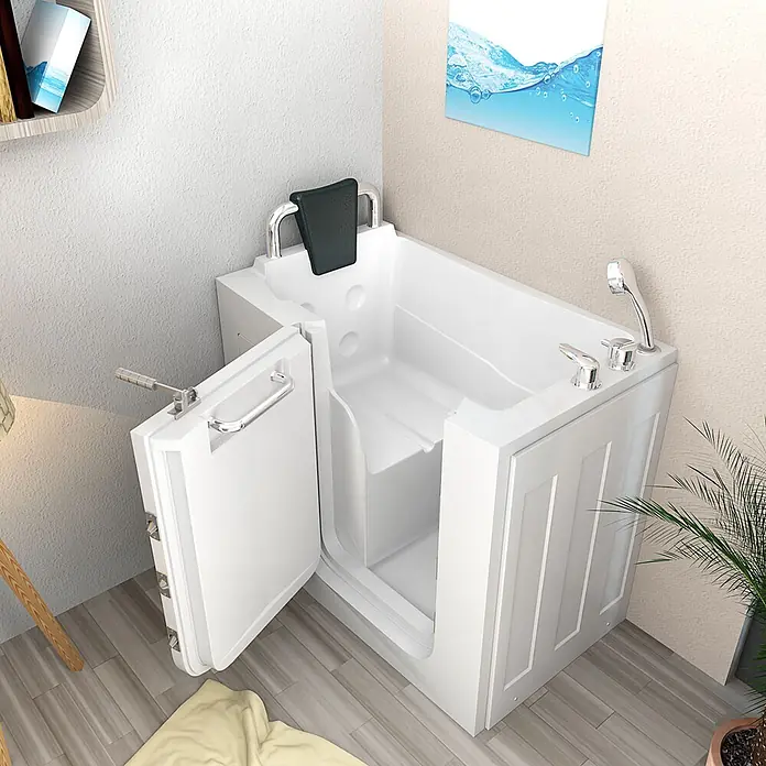 AcquaVapore Badewanne Fertigdusche S08-A-L - 68 x 110 cm, Acryl, Weiß - Weiße barrierefreie Badewanne mit offener Seitentür, integriertem Sitz und Chromarmaturen für einfachen Zugang.
