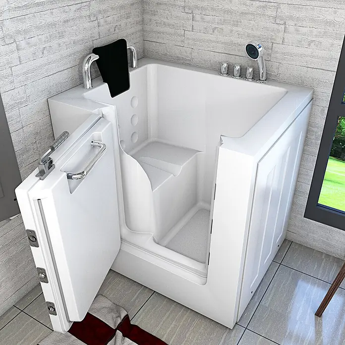 AcquaVapore Badewanne Fertigdusche S02-TH-A-L - 78 x 100 cm, Acryl, Weiß - Weiße begehbare Badewanne mit offener Tür, integriertem Sitz und Chromarmaturen in einem modernen Badezimmer.