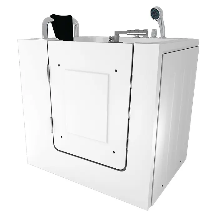 AcquaVapore Badewanne Fertigdusche S02-TH-A-L - 78 x 100 cm, Acryl, Weiß - Weiße barrierefreie Badewanne mit Sitz, Haltegriffen, Armatur und Handbrause für zugängliches Baden.