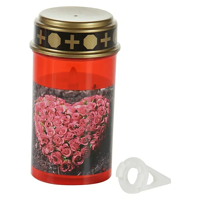 LED-Grablampe Tumba - Ø x H: 7 x 13 cm, Rot - Rote Grabkerze mit Herz aus Rosen-Motiv und goldfarbenem Deckel, inklusive einem weißen Kerzenhalter.
