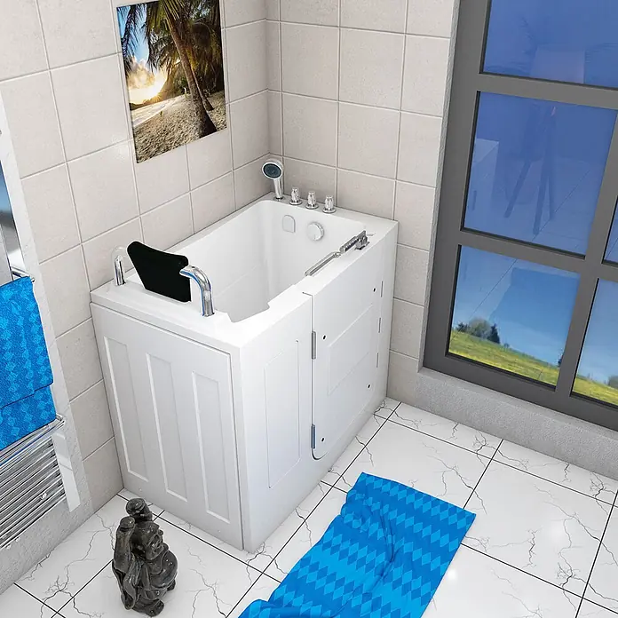 AcquaVapore Badewanne Fertigdusche S08-TH-C-L - 110 x 68 cm, Acryl, Weiß - Weiße, barrierefreie Badewanne mit Seitentür und Chromarmaturen.