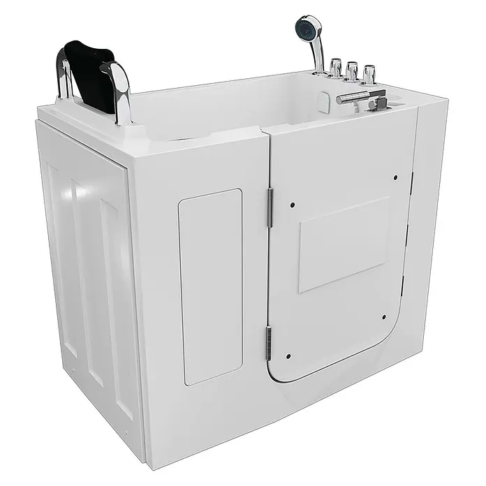 AcquaVapore Badewanne Fertigdusche S08-TH-C-L - 110 x 68 cm, Acryl, Weiß - Weißer begehbarer Badewanne mit Sitz, Haltegriffen und Handbrause für barrierefreies Baden.