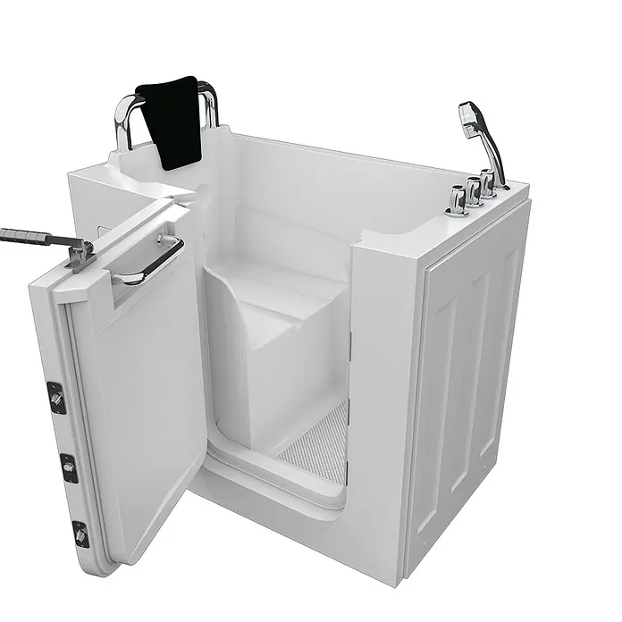 AcquaVapore Badewanne Fertigdusche S08-TH-C-L - 110 x 68 cm, Acryl, Weiß - Weiß-barrierefreie Badewanne mit offener Seitentür, integriertem Sitz und Handbrause für einfachen Einstieg.