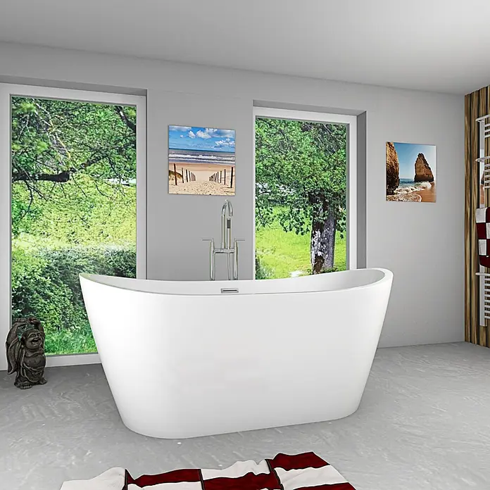AcquaVapore Freistehende Badewanne Fertigdusche F03-180-AF03 - L x B: 180 x 80 cm, Acryl, Weiß - Weiße freistehende Badewanne in einem modernen Badezimmer mit Standarmatur.