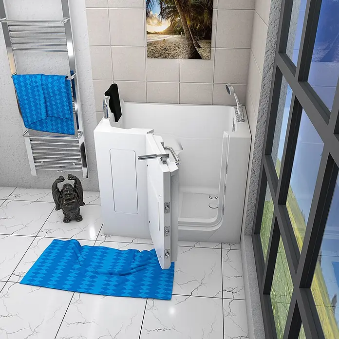 AcquaVapore Badewanne Fertigdusche S08-TH-C-L - 110 x 68 cm, Acryl, Weiß - Weiße begehbare Badewanne mit offener Seitentür und Brausekopf in einem modernen Badezimmer.