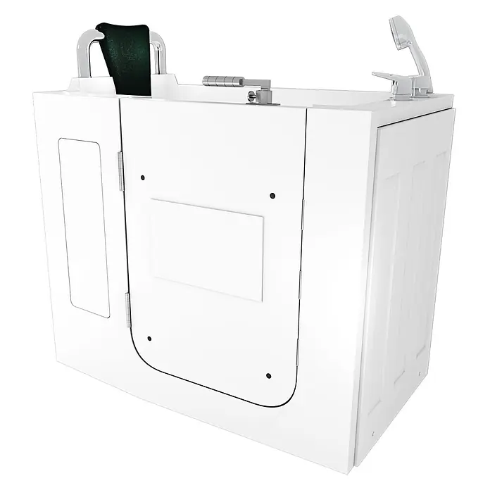 AcquaVapore Badewanne Fertigdusche S08-B-L - 110 x 68 cm, Acryl, Weiß - Weiße begehbare Badewanne mit Chromarmaturen, dunklem Sitz und Haltegriff für Barrierefreiheit.