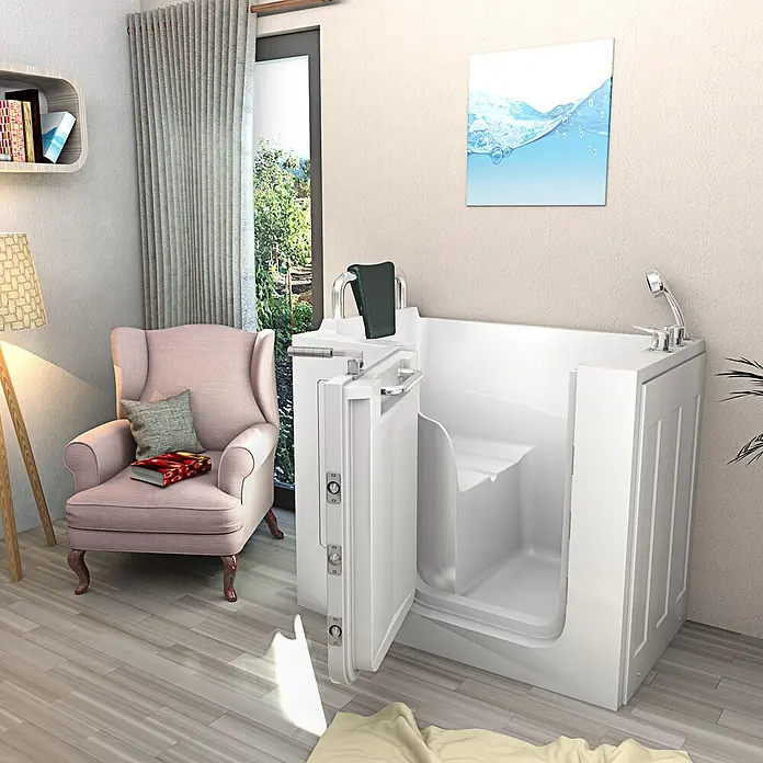 AcquaVapore Badewanne Fertigdusche S08-B-L - 110 x 68 cm, Acryl, Weiß - Weißer begehbarer Badewanne mit offener Tür, Sitz und Duschkopf für barrierefreies Baden.