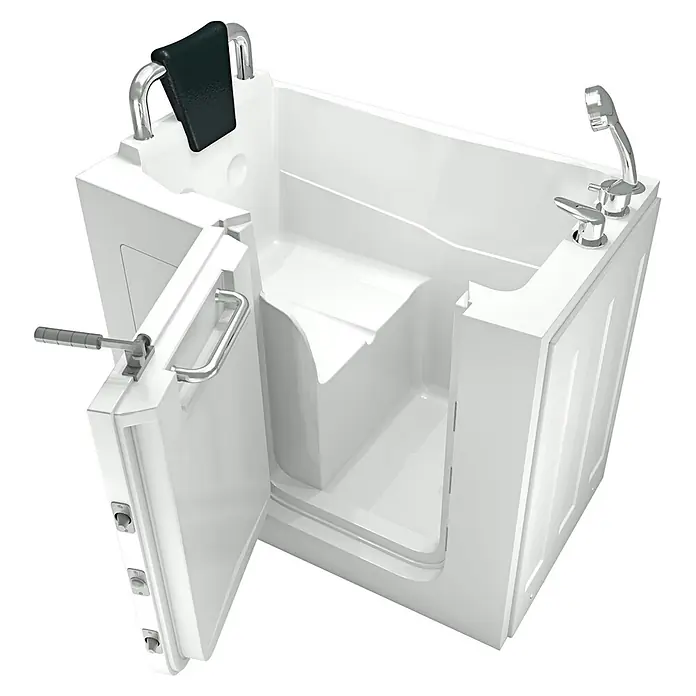 AcquaVapore Badewanne Fertigdusche S08-B-L - 110 x 68 cm, Acryl, Weiß - Weiße Badewanne mit offener Einstiegstür, integriertem Sitz, Chromarmaturen und gepolstertem Haltegriff für barrierefreies Baden.
