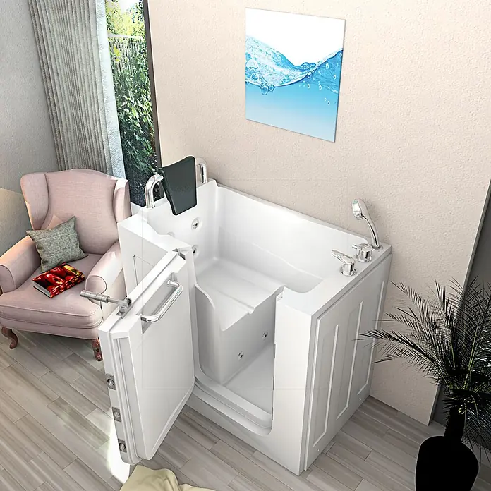 AcquaVapore Badewanne Fertigdusche S08-B-L - 110 x 68 cm, Acryl, Weiß - Barrierefreie weiße Einstiegswanne mit offener Tür und integriertem Sitz.