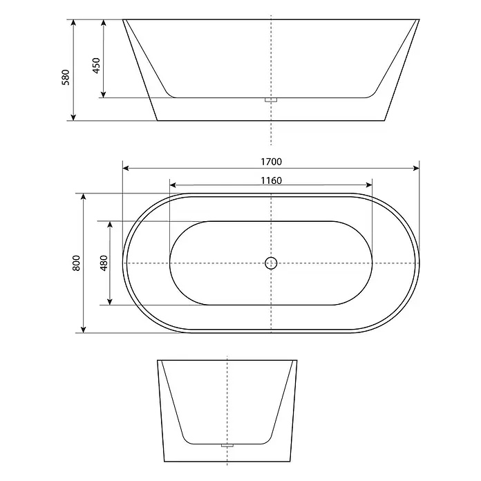 AcquaVapore Freistehende Badewanne Fertigdusche F01-170-AF05 - L x B: 170 x 80 cm, Acryl, Weiß - Technische Zeichnung einer freistehenden ovalen Badewanne, 1700x800x580 mm, mit Draufsicht, Vorderansicht und Seitenansicht.