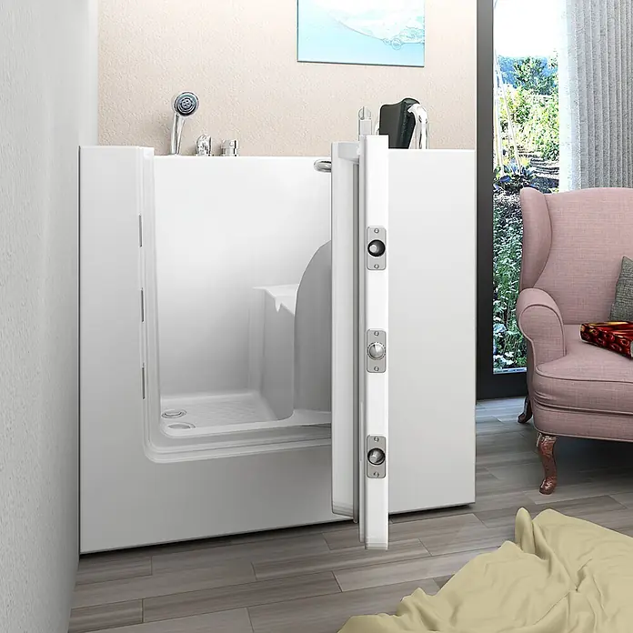 AcquaVapore Badewanne Fertigdusche S02-A-R - 78 x 100 cm, Acryl, Weiß - Weißer barrierefreier Badewanne mit offener Tür, integriertem Sitz und Handbrause für zugängliches Baden.