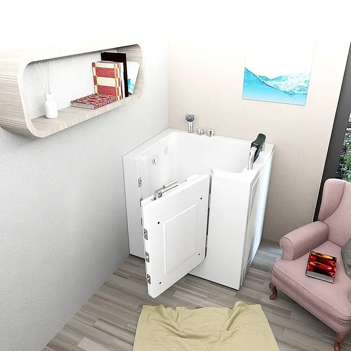 AcquaVapore Badewanne Fertigdusche S02-A-R - 78 x 100 cm, Acryl, Weiß - Weiße Walk-in-Badewanne mit offener Seitentür für einfachen Zugang, für erhöhte Sicherheit und Barrierefreiheit im Badezimmer konzipiert.