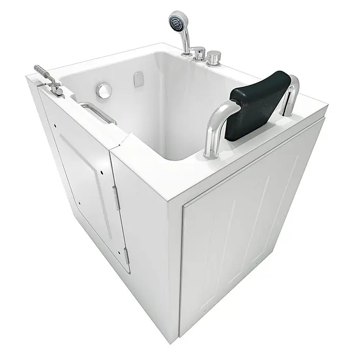 AcquaVapore Badewanne Fertigdusche S02-A-R - 78 x 100 cm, Acryl, Weiß - Weiße Badewanne mit Einstiegstür, integrierter Dusche, Armaturen, Haltegriffen und schwarzer Kopfstütze, für barrierefreies Baden.
