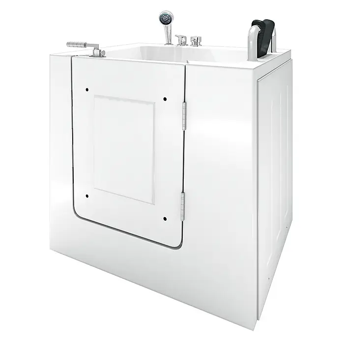 AcquaVapore Badewanne Fertigdusche S02-A-R - 78 x 100 cm, Acryl, Weiß - Weiße begehbare Badewanne mit Seitentür, Chromarmaturen und schwarzem Haltegriff.