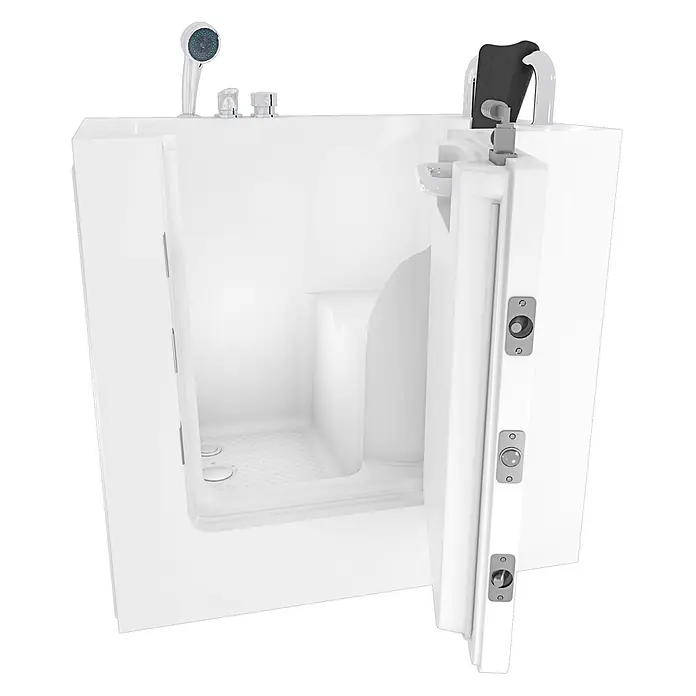 AcquaVapore Badewanne Fertigdusche S02-A-R - 78 x 100 cm, Acryl, Weiß - Weiße begehbare Badewanne mit offener Seitentür, integriertem Sitz, Duschkopf und Bedienknöpfen, für barrierefreies Baden.