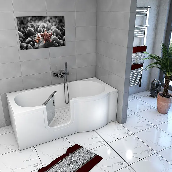 AcquaVapore Badewanne Fertigdusche S12-L - 170 x 85 cm, Acryl, Weiß - Weiße begehbare Badewanne mit integrierter Tür für einfachen Zugang in einem modernen Badezimmer.