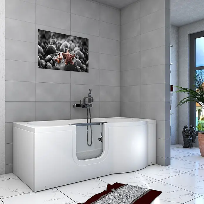 AcquaVapore Badewanne Fertigdusche S12-L - 170 x 85 cm, Acryl, Weiß - Weiße barrierefreie Badewanne mit Glastür in einem modernen Badezimmer.