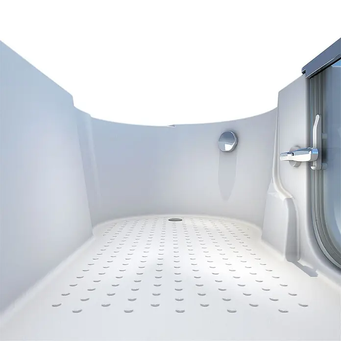 AcquaVapore Badewanne Fertigdusche S12-L - 170 x 85 cm, Acryl, Weiß - Weißer Duschkabinen-Innenraum mit texturiertem Anti-Rutsch-Boden, zentralem Abfluss und Chromarmaturen.