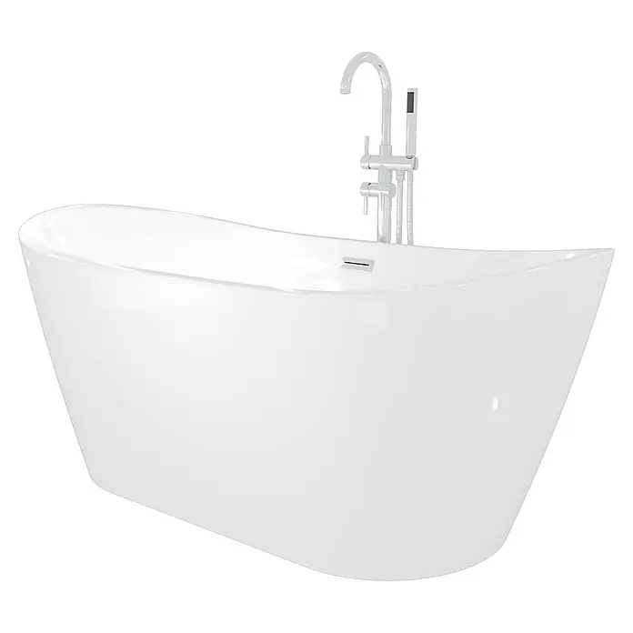 AcquaVapore Freistehende Badewanne Fertigdusche F03-180-AF04 - L x B: 180 x 80 cm, Acryl, Weiß - Weiße freistehende Badewanne mit bodenstehender Chromarmatur und Handbrause.