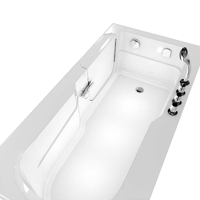 AcquaVapore Badewanne Fertigdusche S17-TH-R - 75 x 150 cm, Acryl, Weiß - Weiße Badewanne mit Chromarmaturen, Handbrause, rutschfestem Boden, integriertem Sitz und einer klaren Seitenwand.