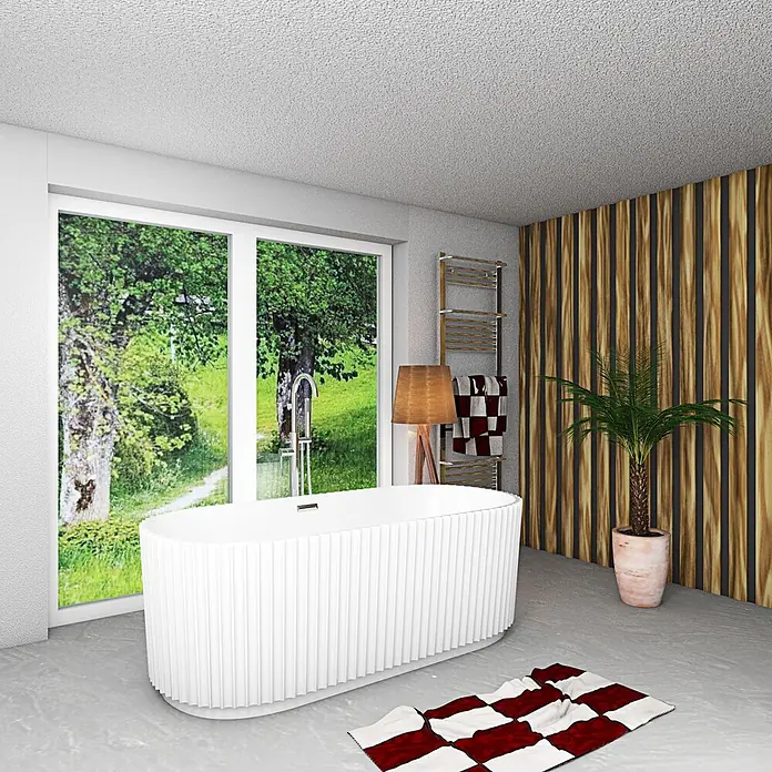 AcquaVapore Freistehende Badewanne Fertigdusche F08-170-AF02 - L x B: 170 x 80 cm, Acryl, Weiß - Weiße geriffelte freistehende Badewanne in modernem Badezimmer am Fenster.