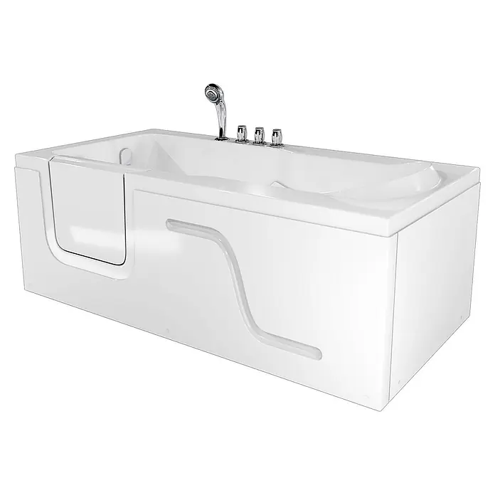 AcquaVapore Badewanne Fertigdusche S17-TH-R - 75 x 150 cm, Acryl, Weiß - Weiße begehbare Badewanne mit integrierter Tür, transparentem Haltegriff, Chrom-Duschkopf und mehreren Bedienknöpfen.
