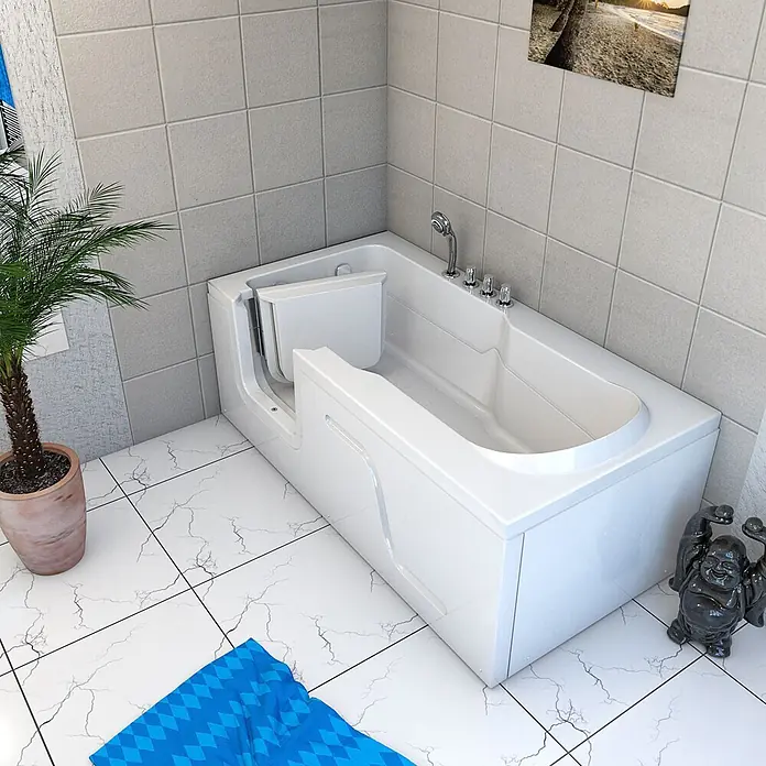 AcquaVapore Badewanne Fertigdusche S17-TH-R - 75 x 150 cm, Acryl, Weiß - Weiße begehbare Badewanne mit Seitentür, in einem gefliesten Badezimmer installiert.
