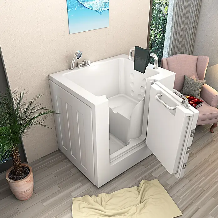 AcquaVapore Badewanne Fertigdusche S02-B-R - 100 x 78 cm, Acryl, Weiß - Weiße Badewanne mit Einstiegstür, geöffnetem Seiteneingang und integriertem Sitz, in modernem Raum für barrierefreies Baden.