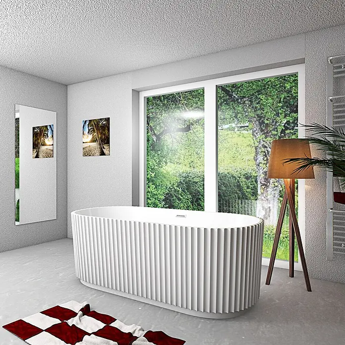 AcquaVapore Freistehende Badewanne Fertigdusche F08-170 - L x B: 170 x 80 cm, Acryl, Weiß - Weiß gerippte freistehende Badewanne in modernem Badezimmer.