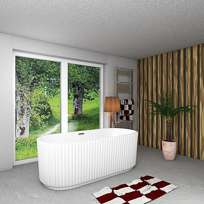 AcquaVapore Freistehende Badewanne Fertigdusche F08-170 - L x B: 170 x 80 cm, Acryl, Weiß - Weiße, geriffelte freistehende Badewanne in einem modernen Badezimmer mit Naturblick.