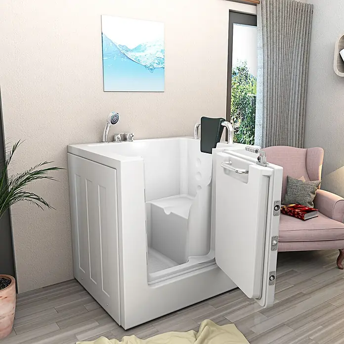 AcquaVapore Badewanne Fertigdusche S02-B-R - 100 x 78 cm, Acryl, Weiß - Weiße barrierefreie Badewanne mit offener Tür, integriertem Sitz und Handbrause, in einem Raum dargestellt.