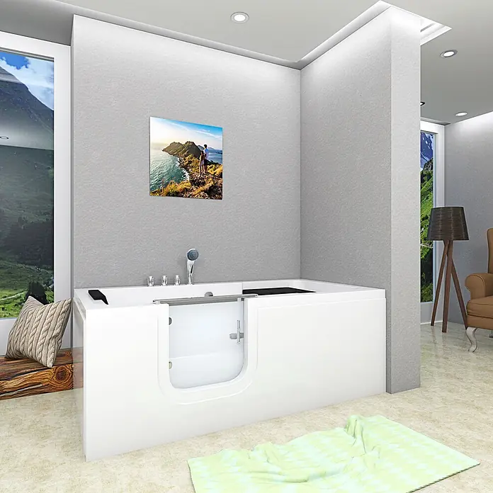 AcquaVapore Badewanne Fertigdusche S15-TH-L -  - Weiße begehbare Badewanne mit zugänglicher Tür in einem modernen Badezimmer, für einfachen Ein- und Ausstieg konzipiert.