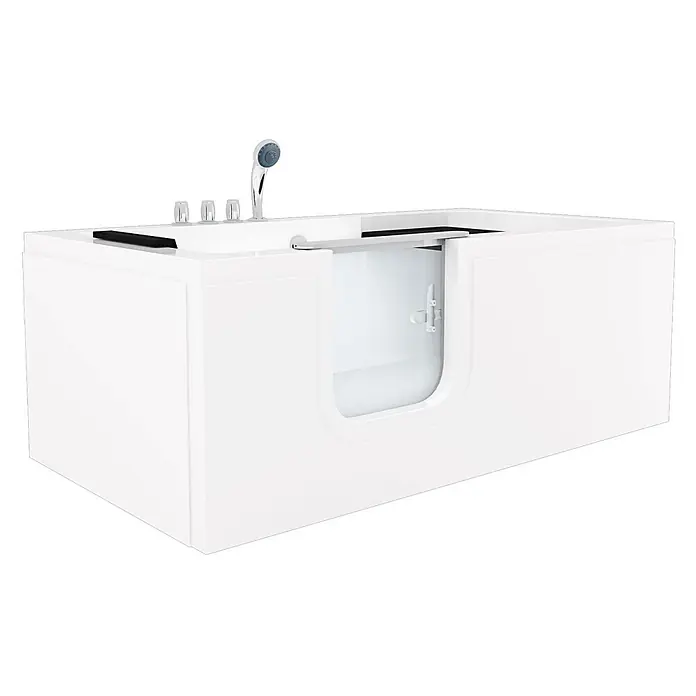 AcquaVapore Badewanne Fertigdusche S15-TH-L -  - Weiße begehbare Badewanne mit klarer Tür, integrierten Armaturen und Handbrause für barrierefreies Baden.