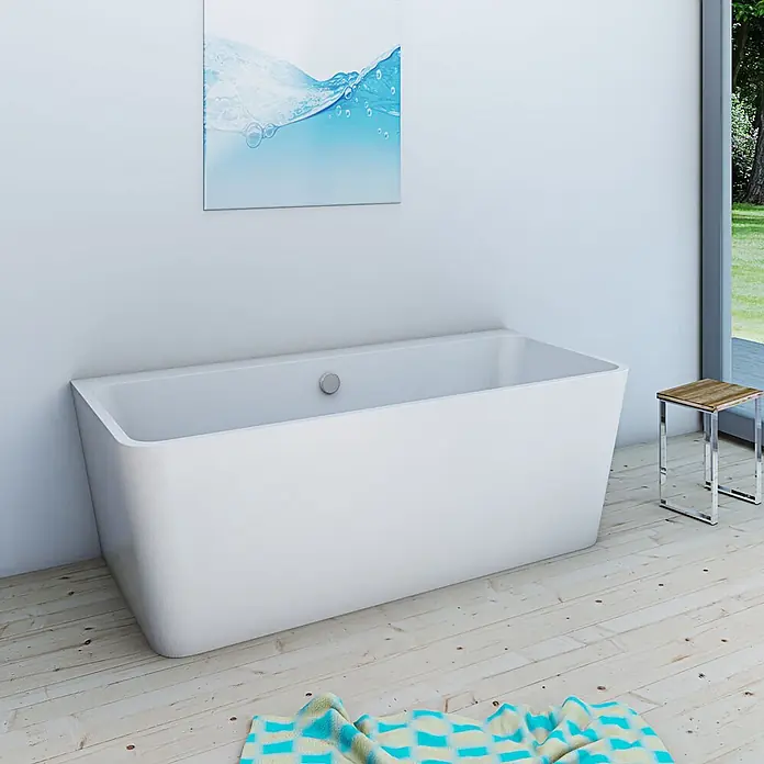 AcquaVapore Freistehende Badewanne Fertigdusche F05-170-B - L x B: 170 x 80 cm, Acryl, Weiß - Weiße rechteckige freistehende Badewanne in einem modernen Badezimmer auf Holzfußboden.