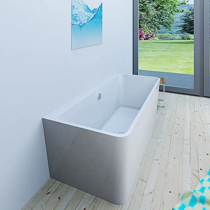 AcquaVapore Freistehende Badewanne Fertigdusche F05-170-B - L x B: 170 x 80 cm, Acryl, Weiß - Weiße rechteckige Badewanne in einem modernen Badezimmer mit Gartenblick.