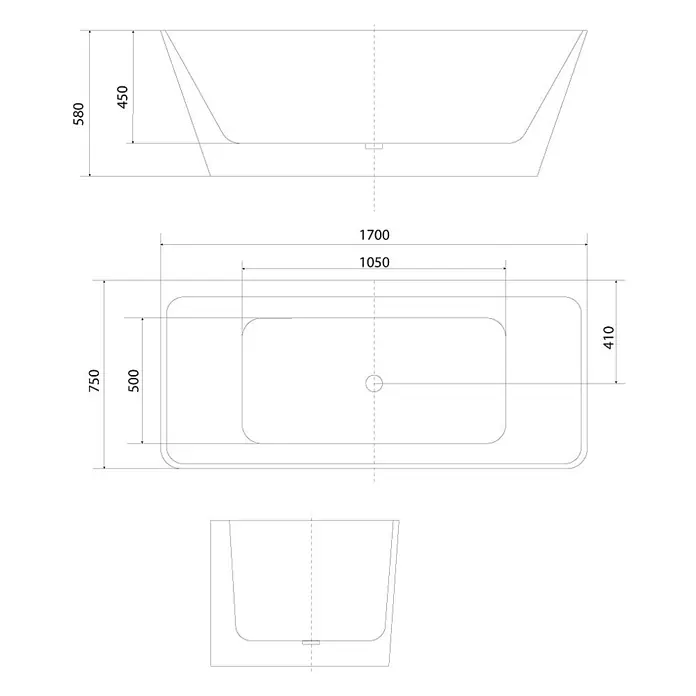 AcquaVapore Freistehende Badewanne Fertigdusche F05-170-B - L x B: 170 x 80 cm, Acryl, Weiß - Technische Zeichnung einer Badewanne mit Maßen.