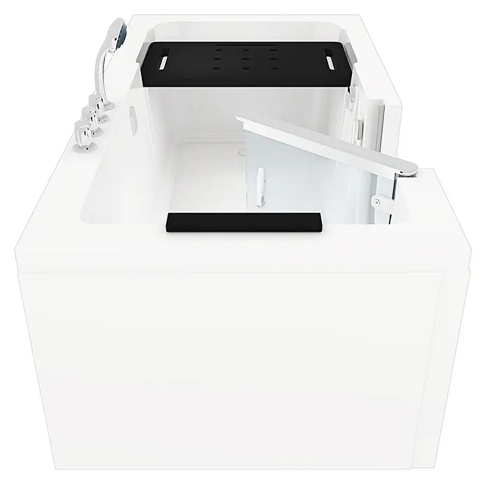 AcquaVapore Badewanne Fertigdusche S15-TH-L -  - Weiße barrierefreie Badewanne mit transparenter Einstiegstür, schwarzem Anti-Rutsch-Sitz, Chromarmaturen und Handbrause.
