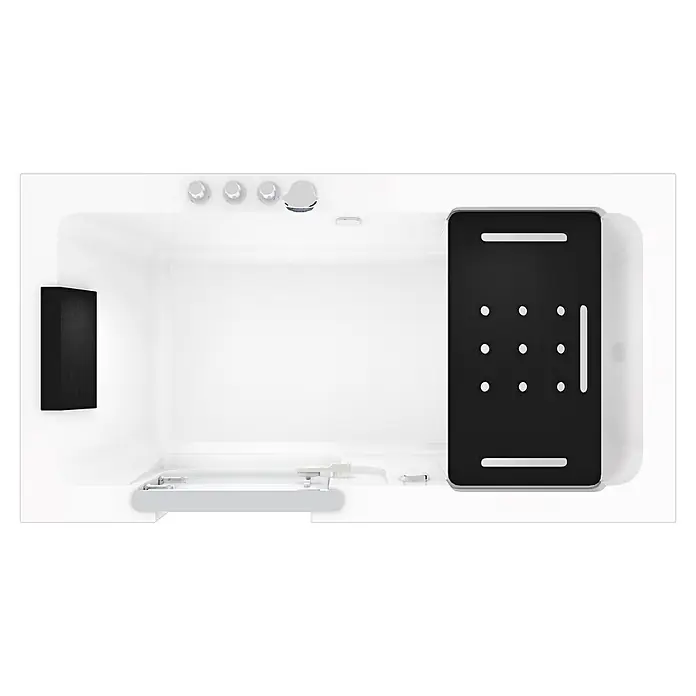 AcquaVapore Badewanne Fertigdusche S15-TH-L -  - Moderner weißer Badewanneninnenraum mit texturiertem Boden, schwarzen integrierten Paneelen und Metallarmaturen.