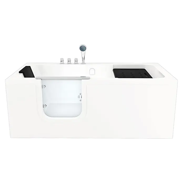 AcquaVapore Badewanne Fertigdusche S15-TH-L -  - Weiße barrierefreie Badewanne mit klarer Tür, Chromarmaturen, schwarzer Kopfstütze und strukturierter Sitzfläche.